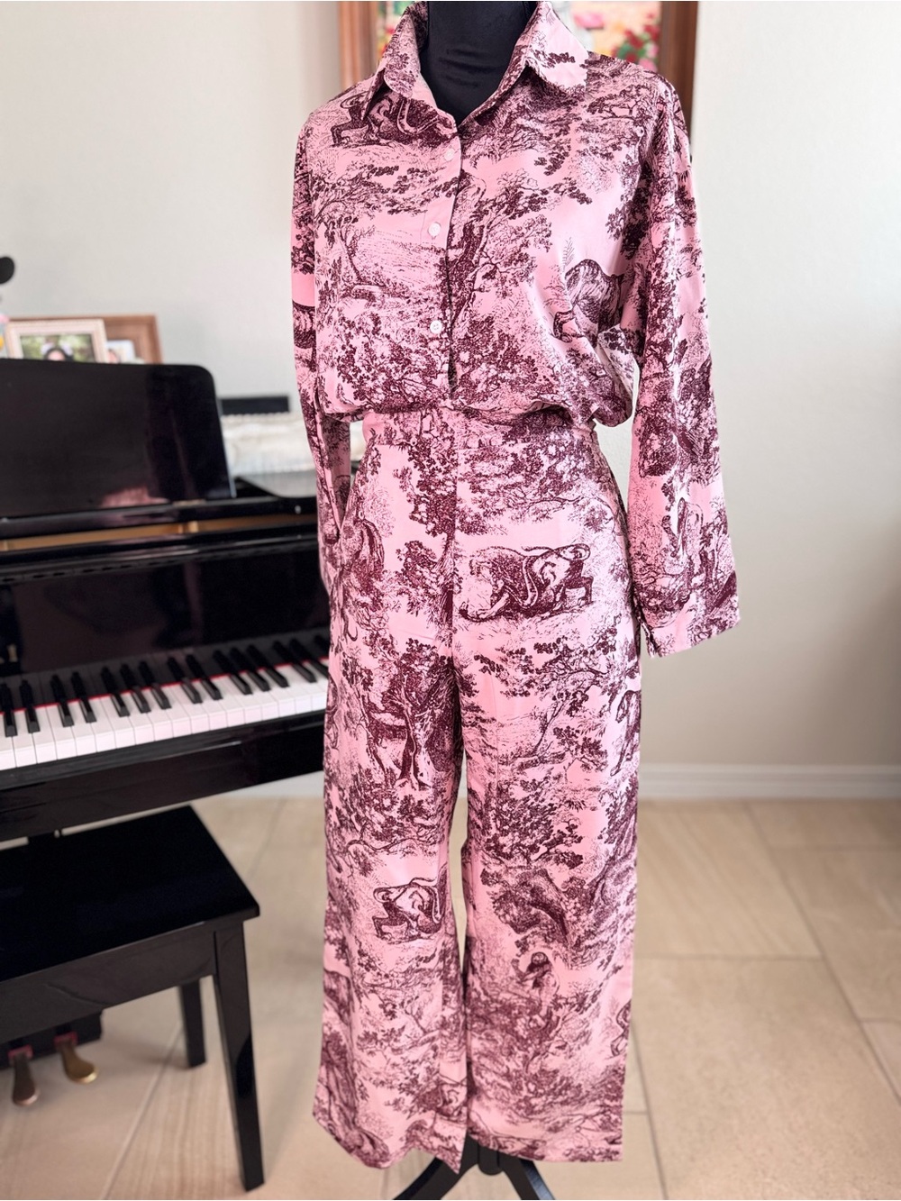 Women's Pink Toile Wide-Leg Jumpsuit - Picture 2 of 13
